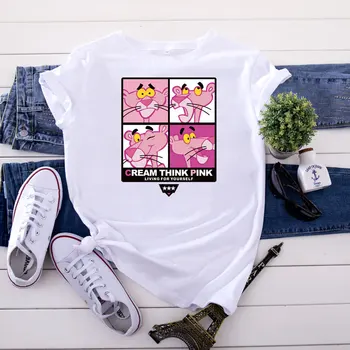 100 % Pamuk Büyük Boy kadın T-shirt O-boyun Kısa Kollu Harajuku Karikatür Pembe leopar Üst Rahat Kadın T shirt 2020 Yaz
